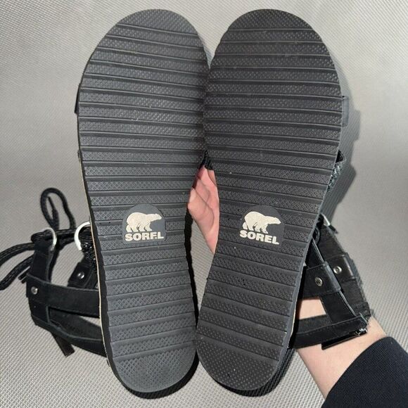 Sorel Gladiator Sandals Ella Black Leather Strappy Heel Zip Snakeskin Size 9 - Picture 8 of 9